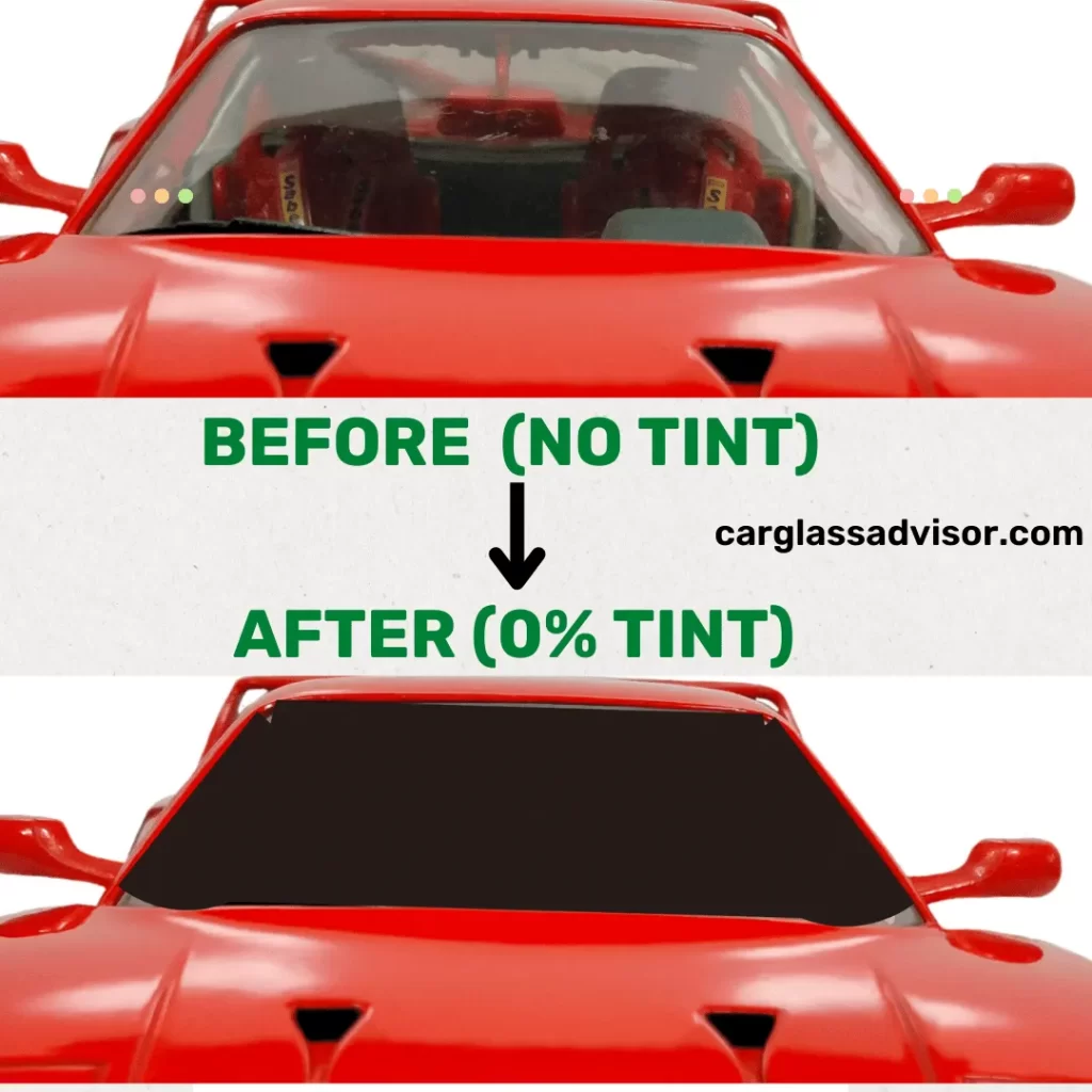 Before-after picture of a car window comparing no tint and after applying 0% tint