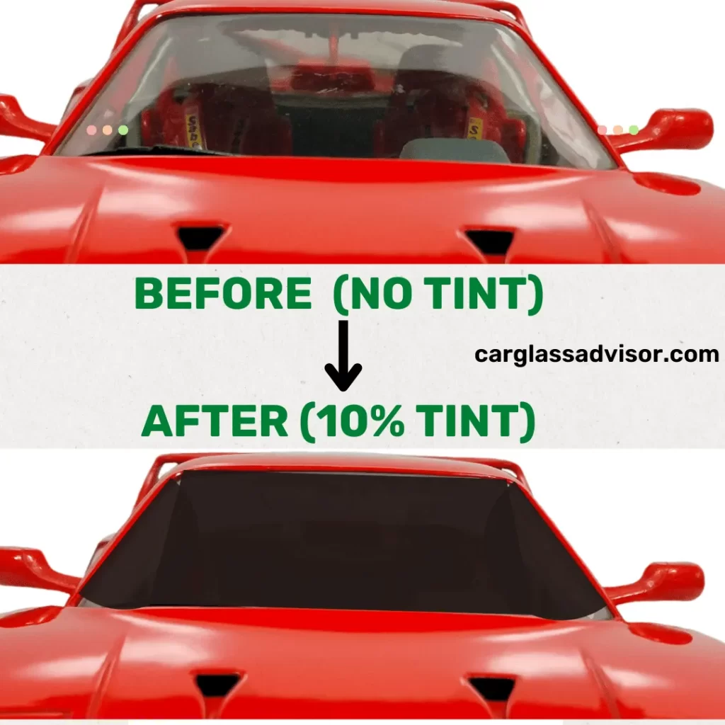 Before-after picture of a car window comparing no tint and after applying 10% tint