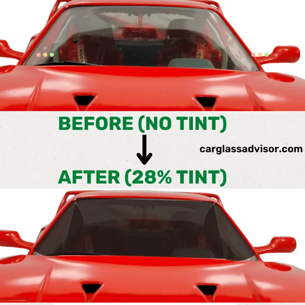 Before-after picture of a car window comparing no tint and after applying 28% tint
