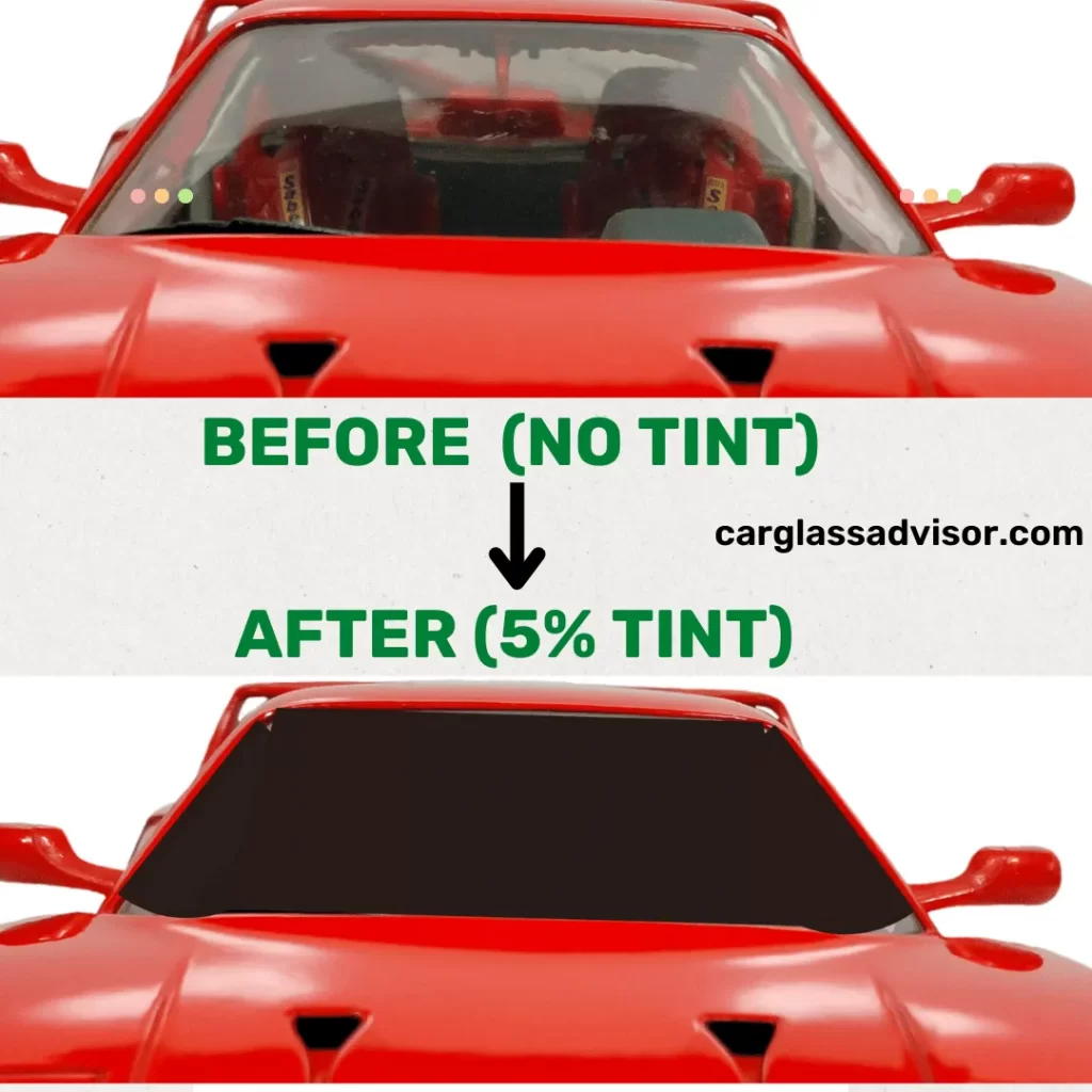 Before-after picture of a car window comparing no tint and after applying 5% tint