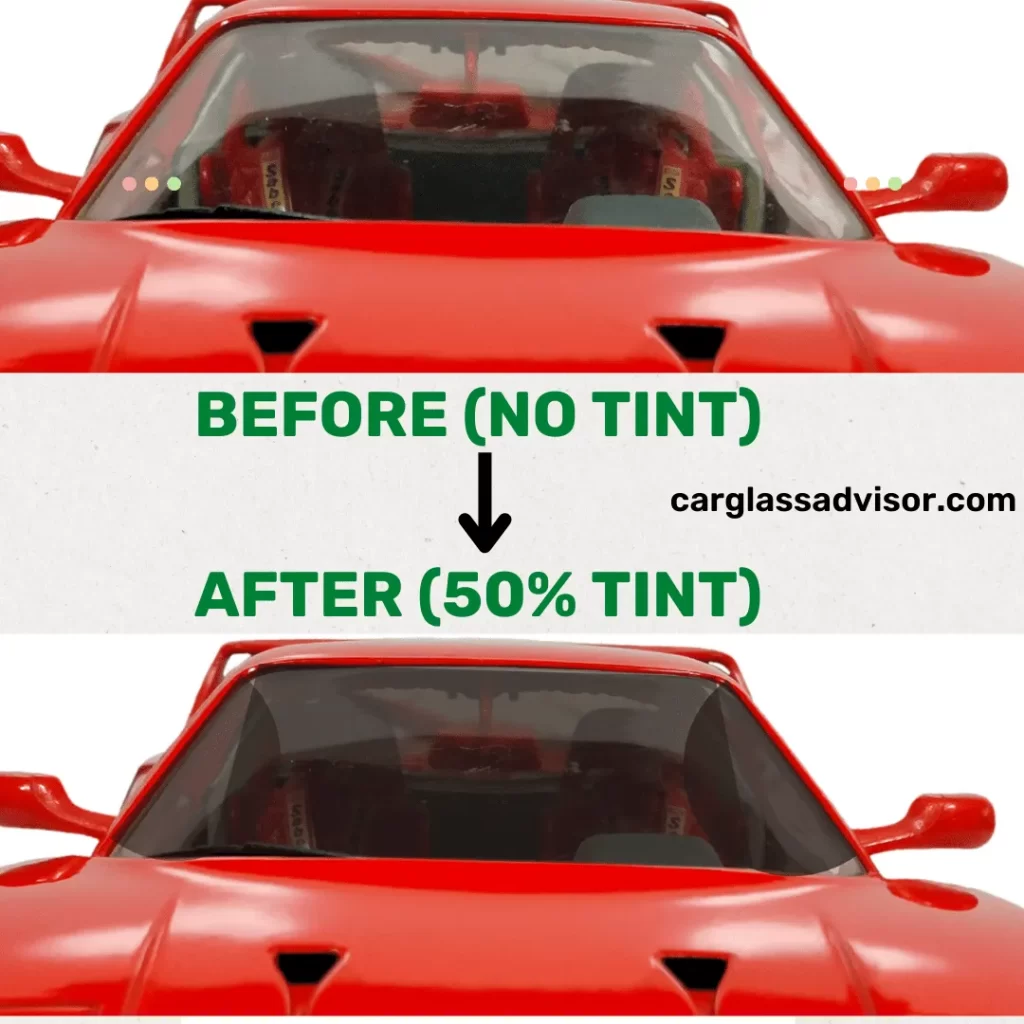 Before-after picture of a car window comparing no tint and after applying 50% tint