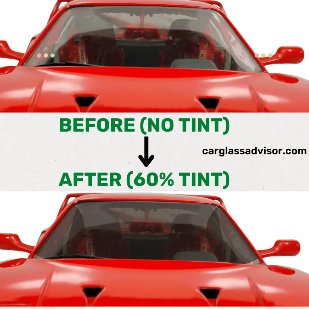 Before-after picture of a car window comparing no tint and after applying 60% tint