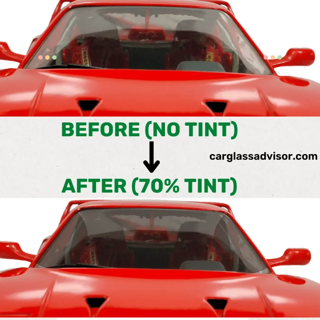 Before-after picture of a car window comparing no tint and after applying 70% tint