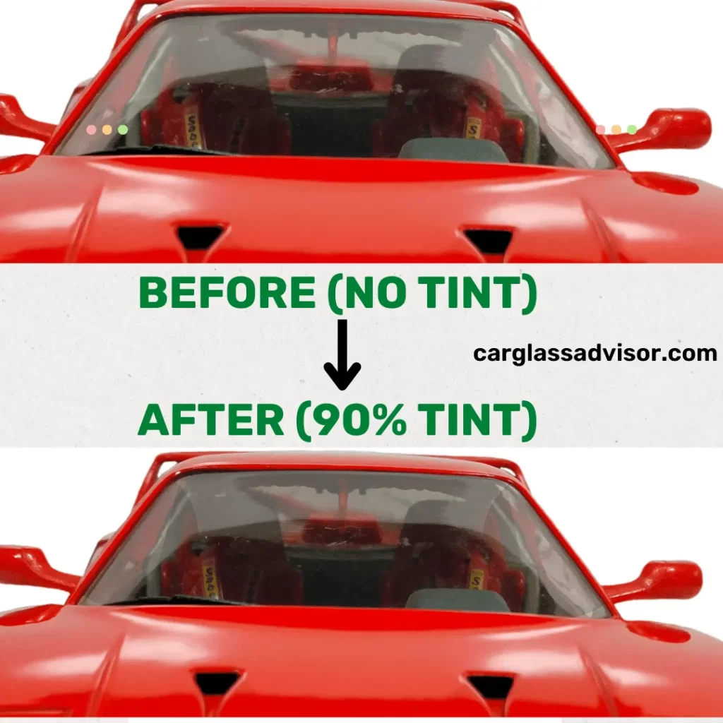 Before-after picture of a car window comparing no tint and after applying 90% tint